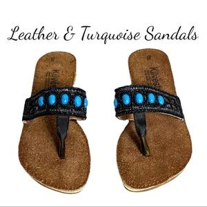 Women’s Leather Flip Flop Sandals With Turquoise Accents